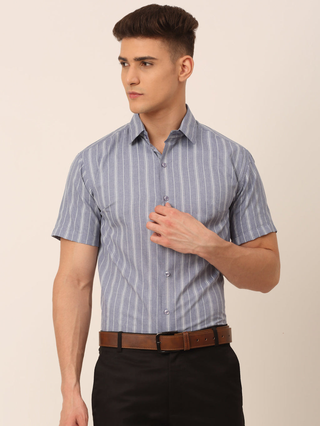 Jainish Men's Cotton Striped Formal Shirts - Light-Grey | Grocsy