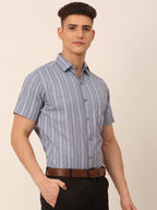 Jainish Men's Cotton Striped Formal Shirts - Light-Grey | Grocsy