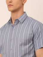 Jainish Men's Cotton Striped Formal Shirts - Light-Grey | Grocsy