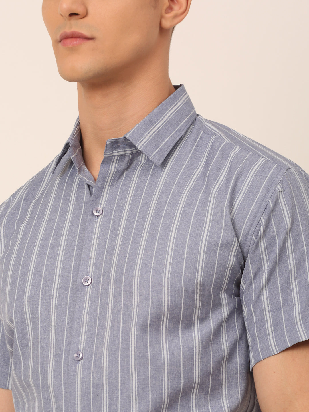 Jainish Men's Cotton Striped Formal Shirts - Light-Grey | Grocsy