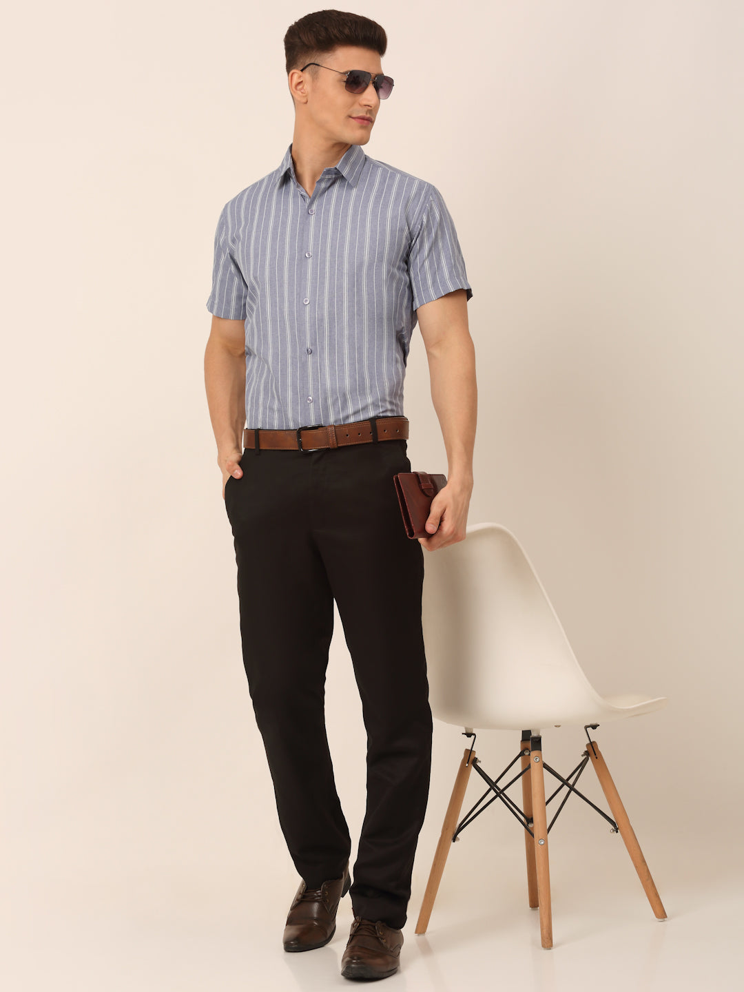Jainish Men's Cotton Striped Formal Shirts - Light-Grey | Grocsy