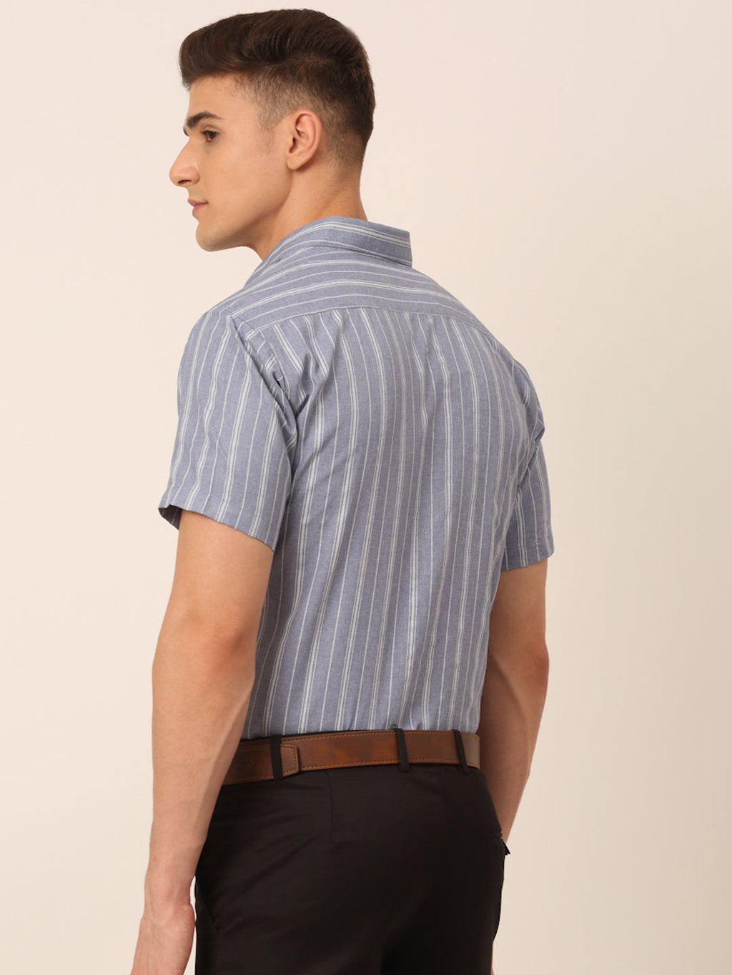 Jainish Men's Cotton Striped Formal Shirts - Light-Grey | Grocsy