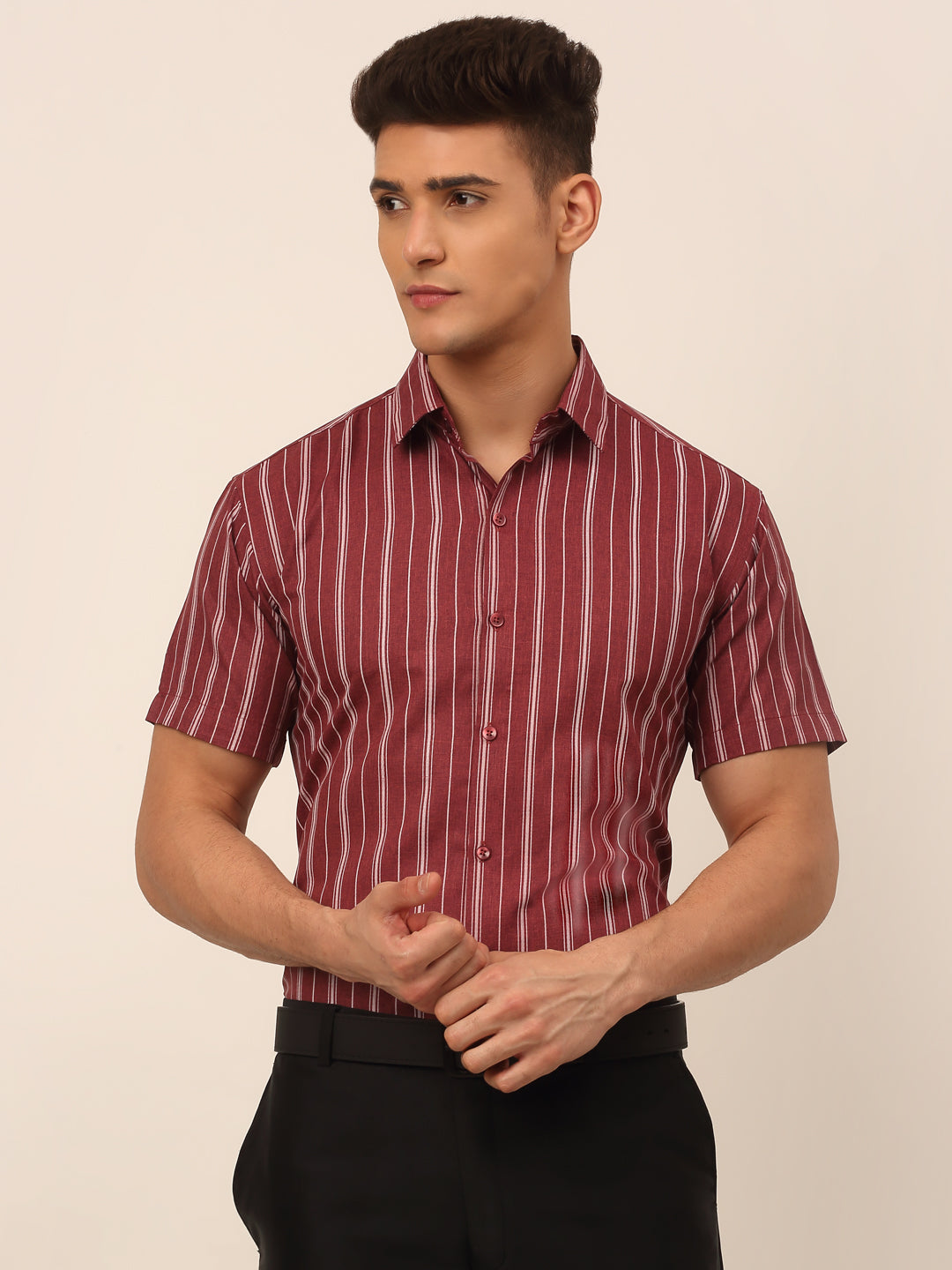 Jainish Men's Cotton Striped Formal Shirts - Maroon | Grocsy