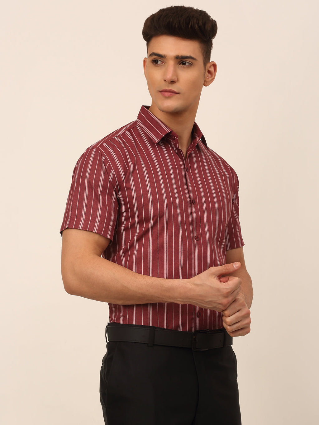 Jainish Men's Cotton Striped Formal Shirts - Maroon | Grocsy