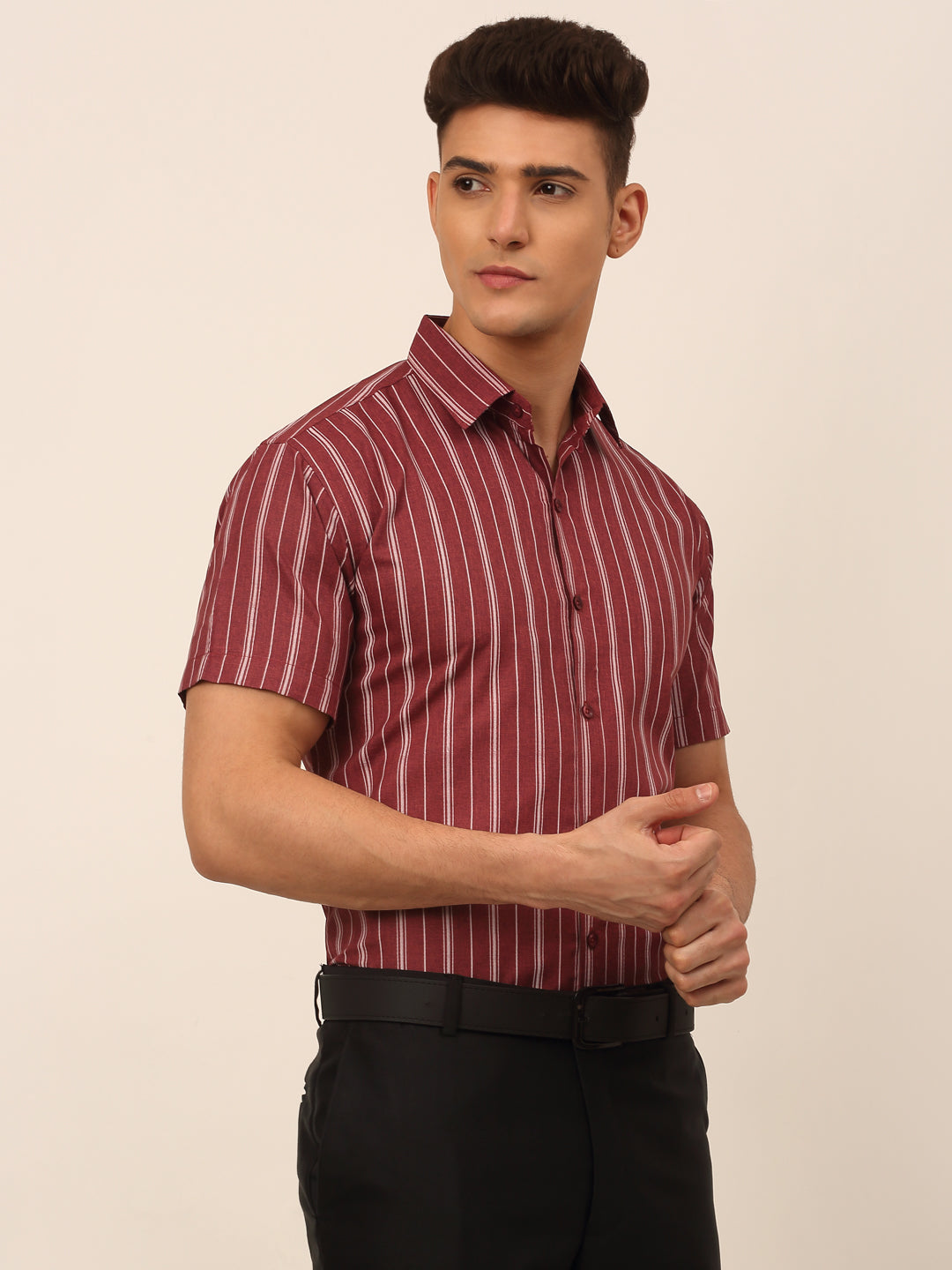 Jainish Men's Cotton Striped Formal Shirts - Maroon | Grocsy