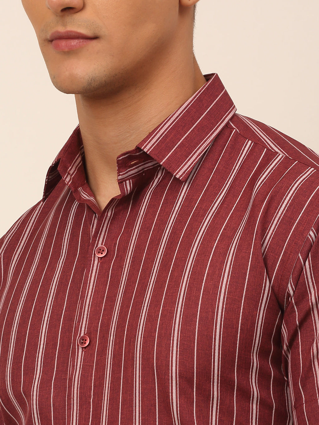 Jainish Men's Cotton Striped Formal Shirts - Maroon | Grocsy