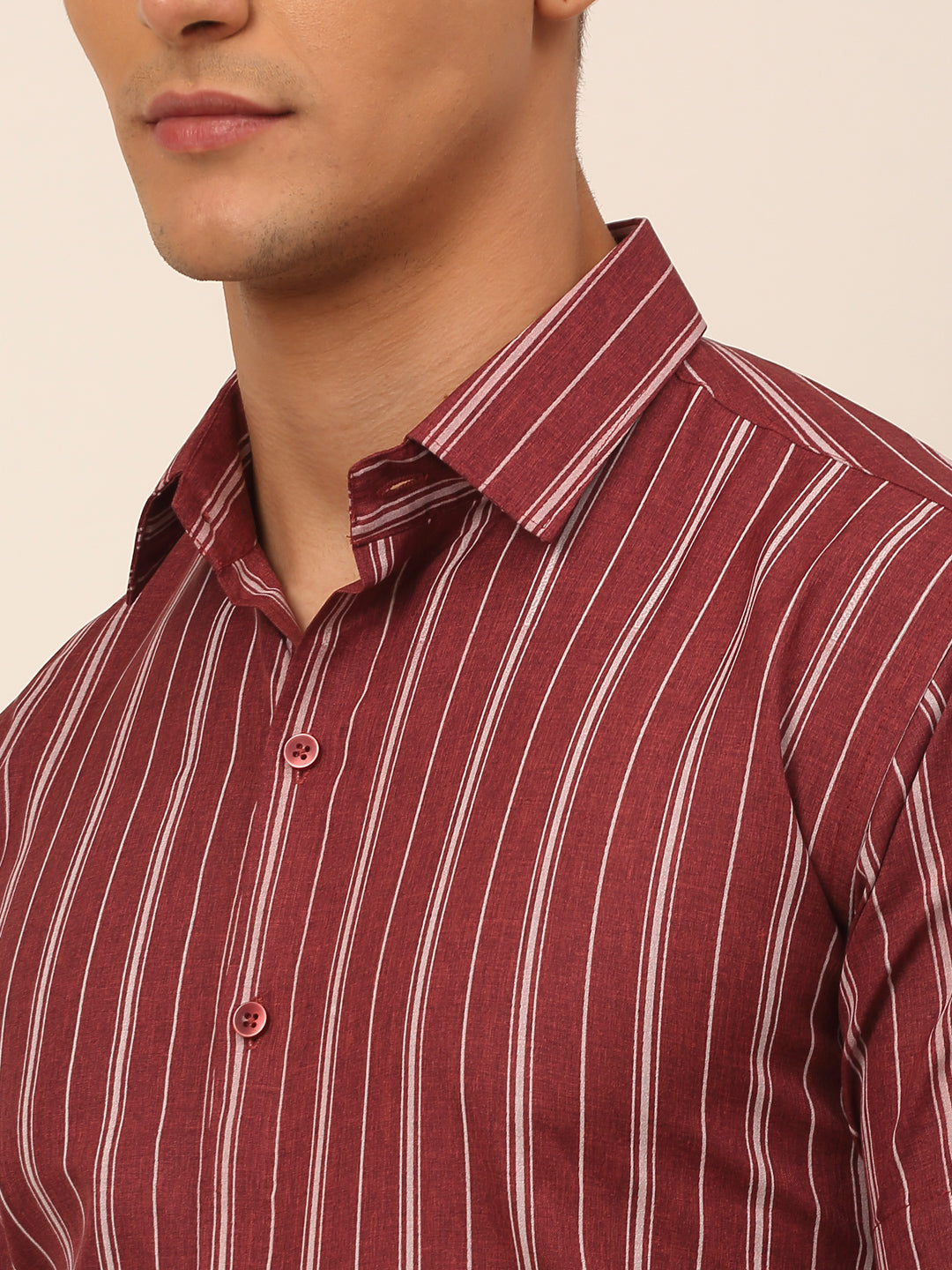 Jainish Men's Cotton Striped Formal Shirts - Maroon | Grocsy