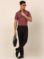 Jainish Men's Cotton Striped Formal Shirts - Maroon | Grocsy