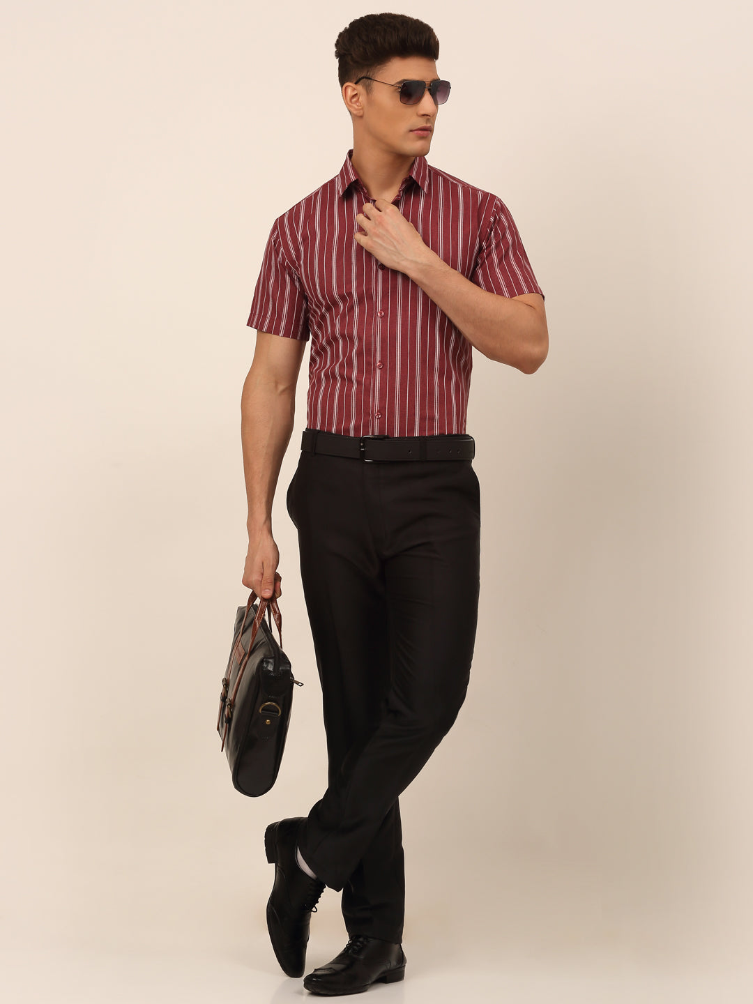 Jainish Men's Cotton Striped Formal Shirts - Maroon | Grocsy