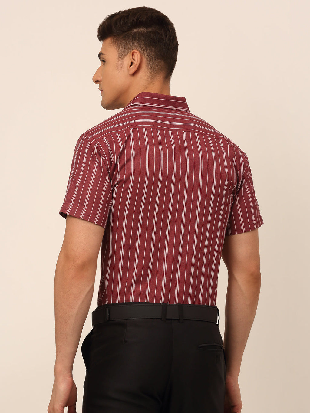 Jainish Men's Cotton Striped Formal Shirts - Maroon | Grocsy