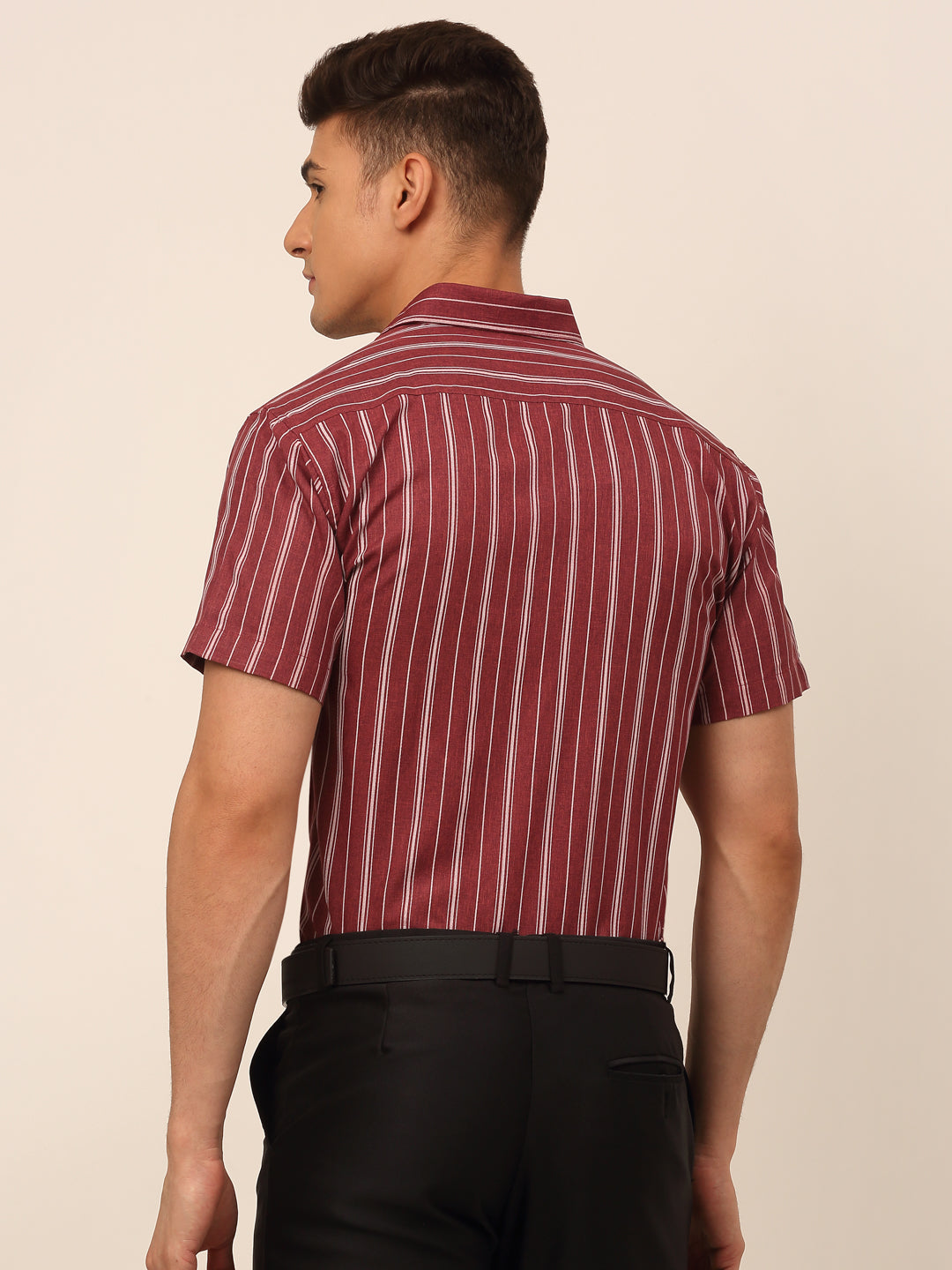 Jainish Men's Cotton Striped Formal Shirts - Maroon | Grocsy