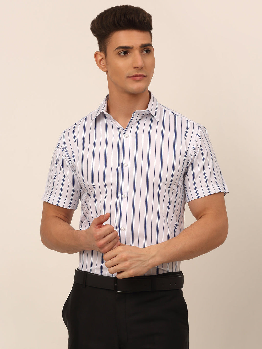 Jainish Men's Cotton Striped Formal Shirts - White | Grocsy