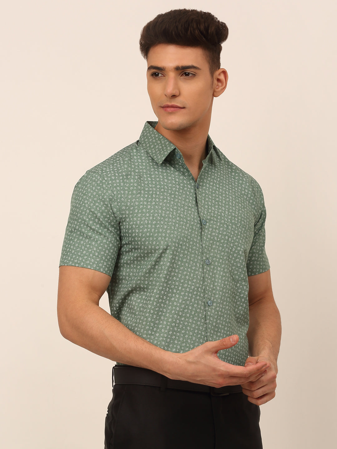 Jainish Men's Cotton Printed Formal Shirts - Green | Grocsy