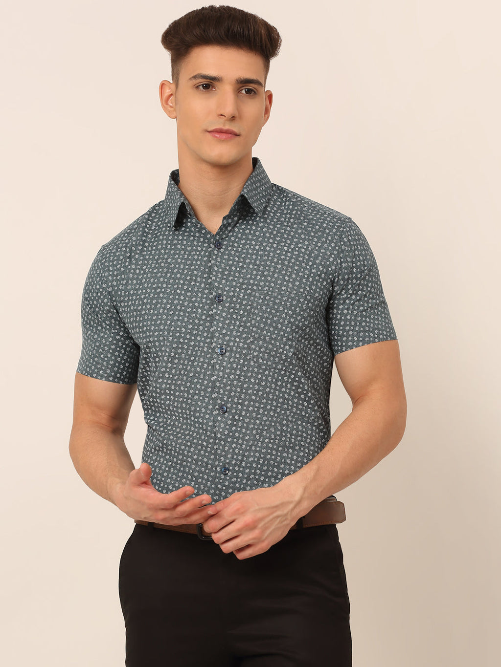 Jainish Men's Cotton Printed Formal Shirts - Grey | Grocsy