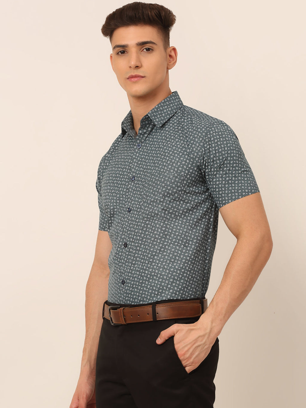 Jainish Men's Cotton Printed Formal Shirts - Grey | Grocsy