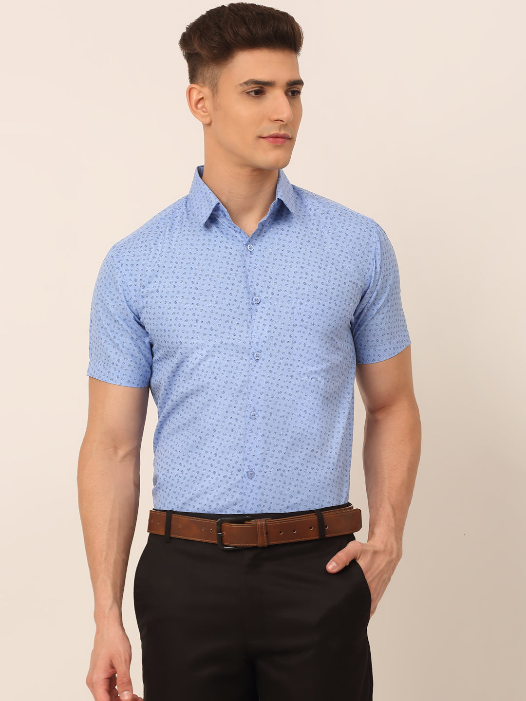 Jainish Men's Cotton Printed Formal Shirts - Light-Blue | Grocsy
