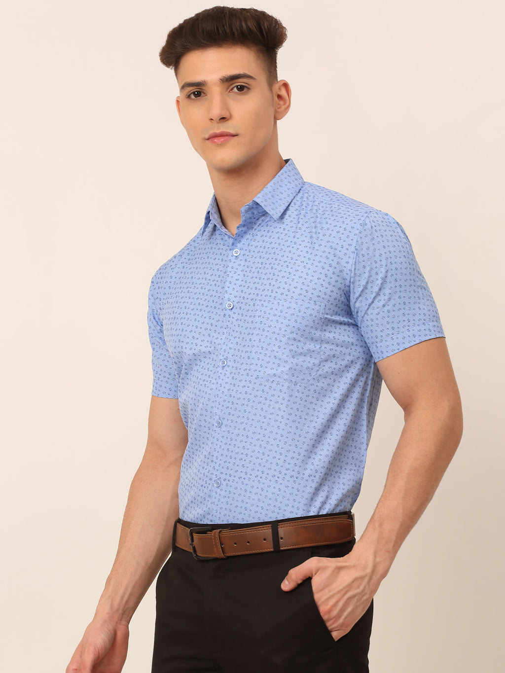Jainish Men's Cotton Printed Formal Shirts - Light-Blue | Grocsy