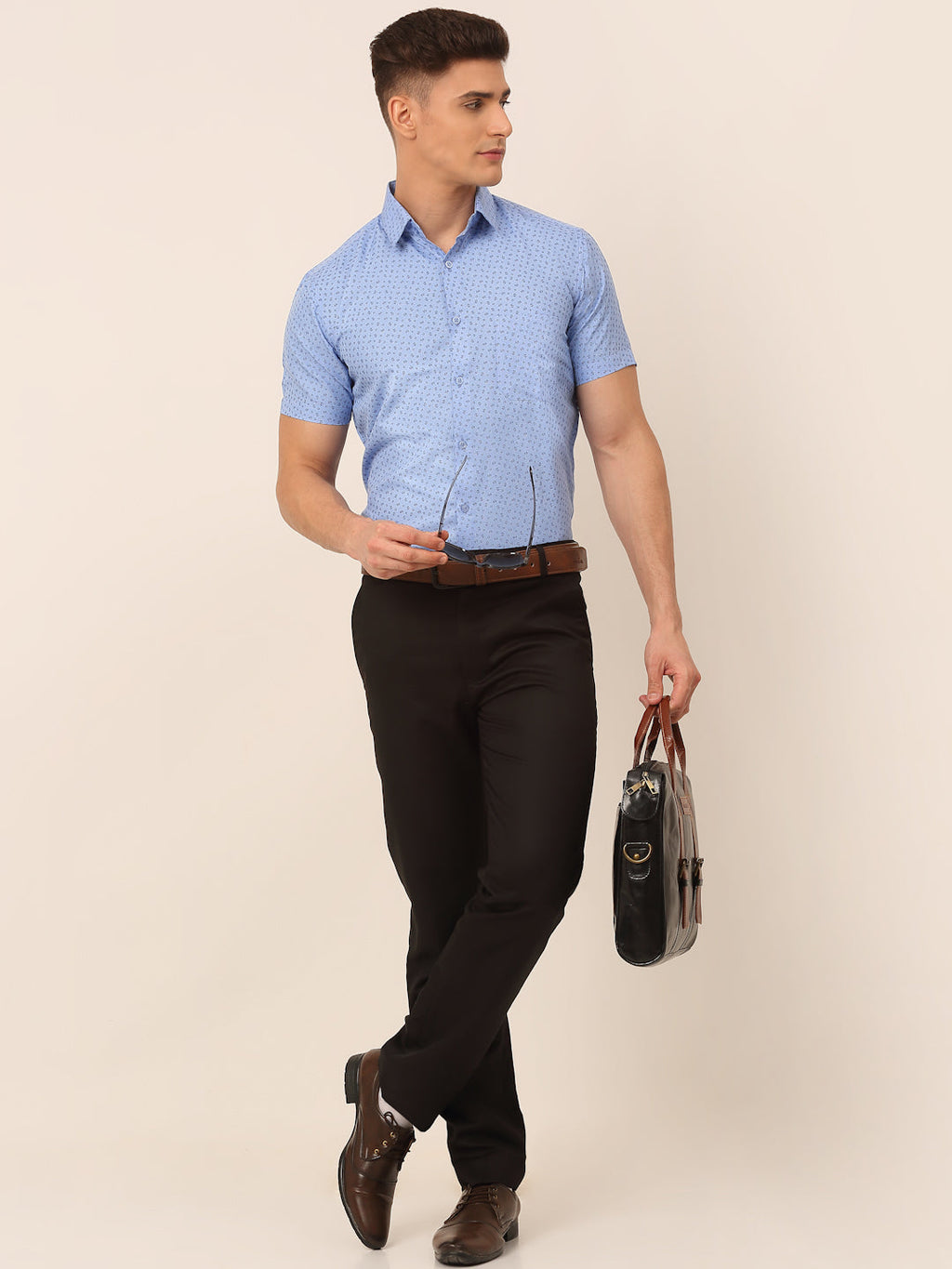 Jainish Men's Cotton Printed Formal Shirts - Light-Blue | Grocsy