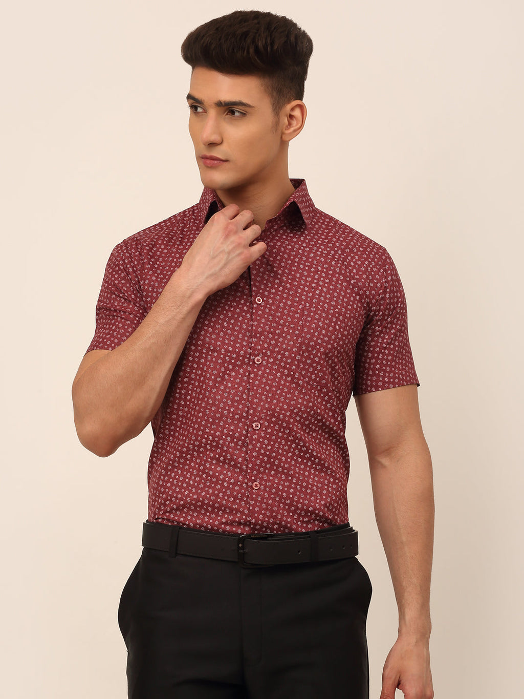 Jainish Men's Cotton Printed Formal Shirts - Maroon | Grocsy