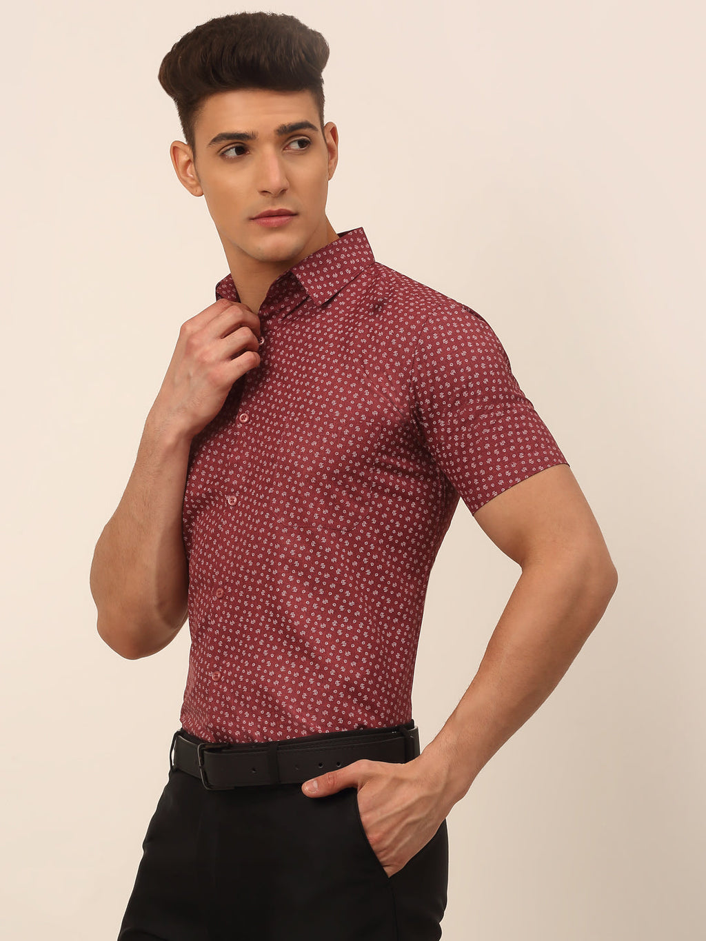 Jainish Men's Cotton Printed Formal Shirts - Maroon | Grocsy