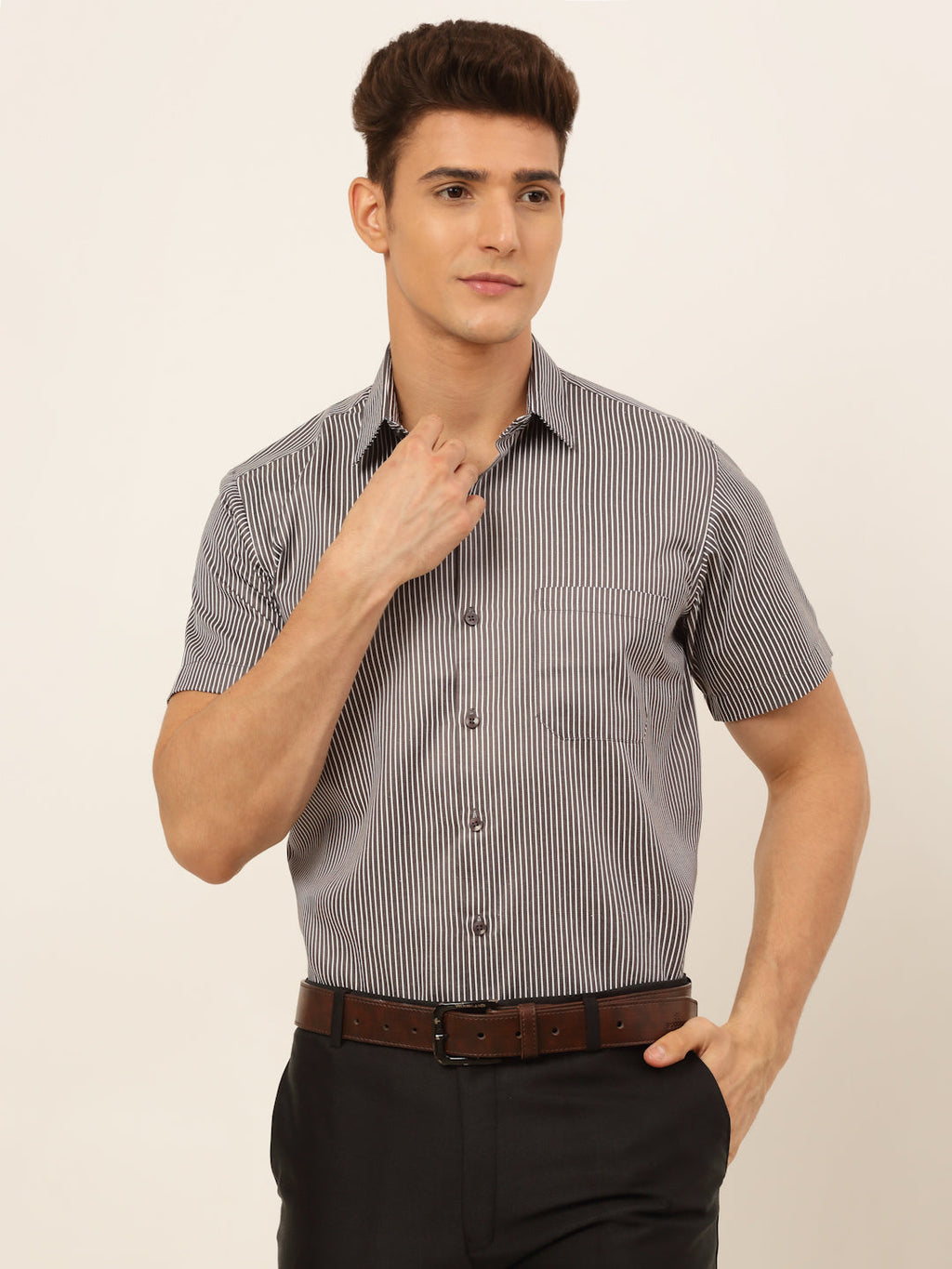 Jainish Men's White Classic Striped Formal Shirt | Grocsy