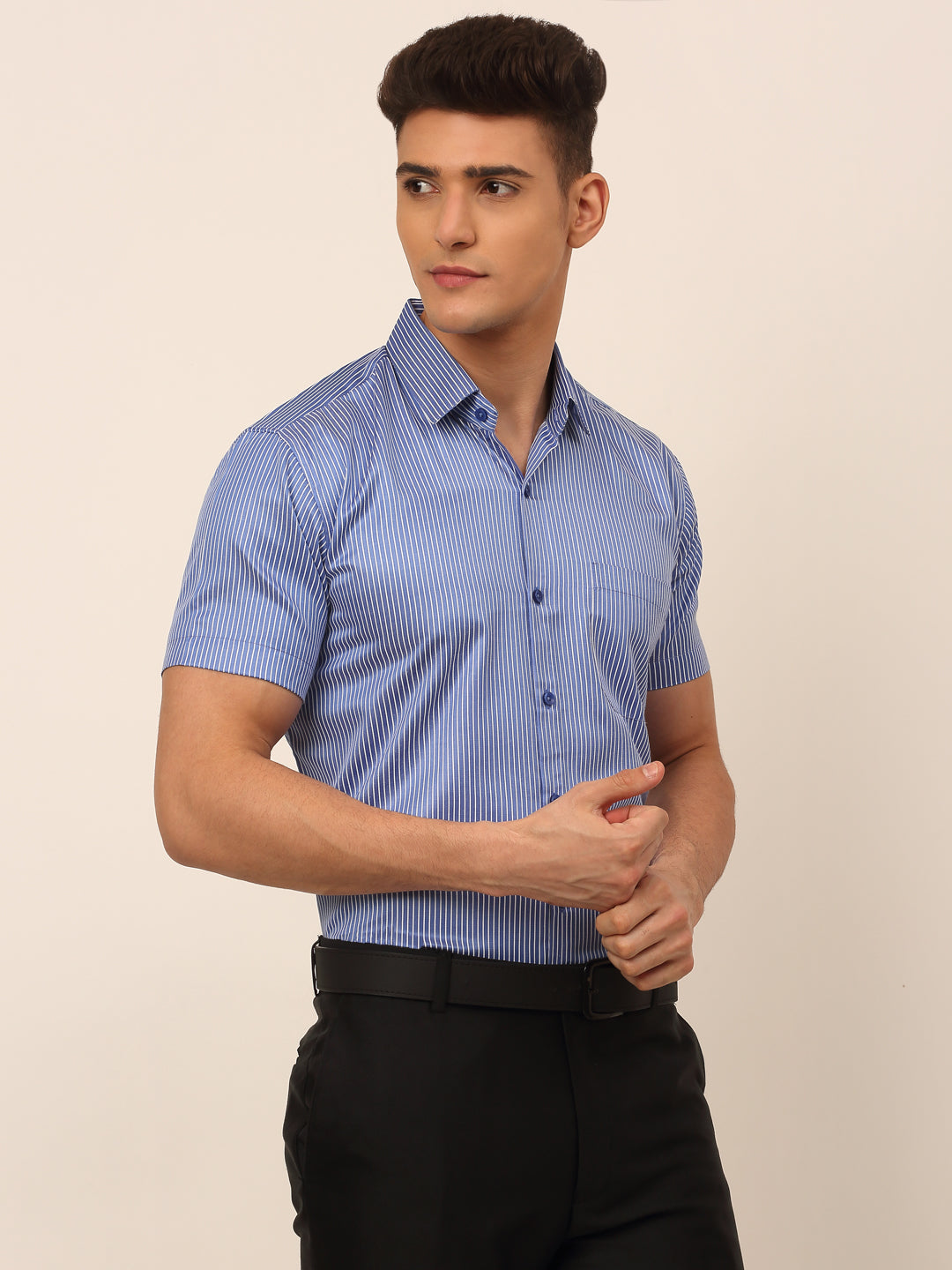 Jainish Men's Cotton Striped Formal Shirts - Blue | Grocsy
