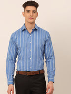 Jainish Men's Blue & White Classic Striped Formal Shirt | Grocsy