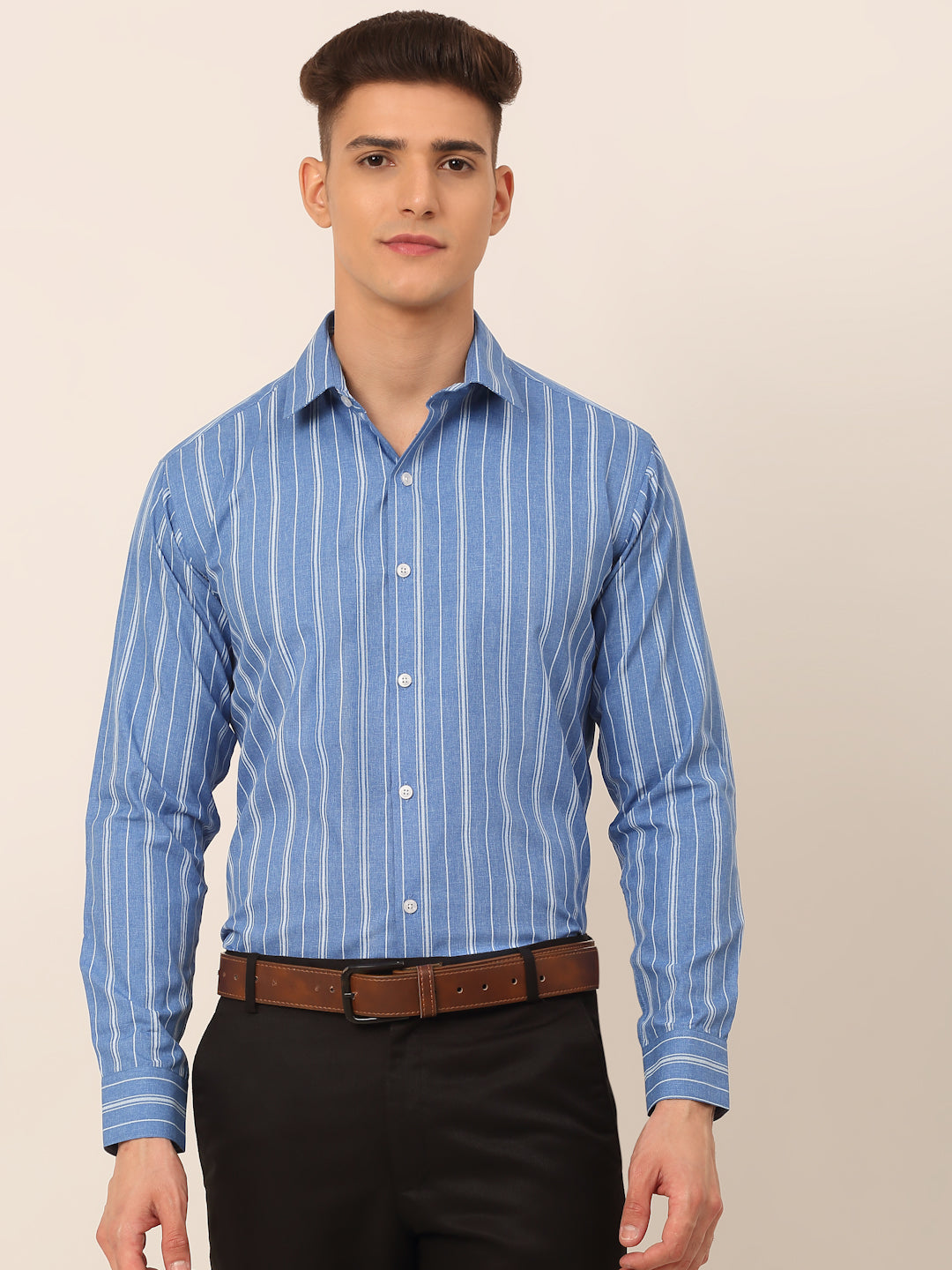 Jainish Men's Blue & White Classic Striped Formal Shirt | Grocsy