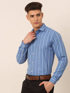 Jainish Men's Blue & White Classic Striped Formal Shirt | Grocsy