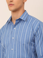 Jainish Men's Blue & White Classic Striped Formal Shirt | Grocsy