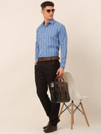 Jainish Men's Blue & White Classic Striped Formal Shirt | Grocsy