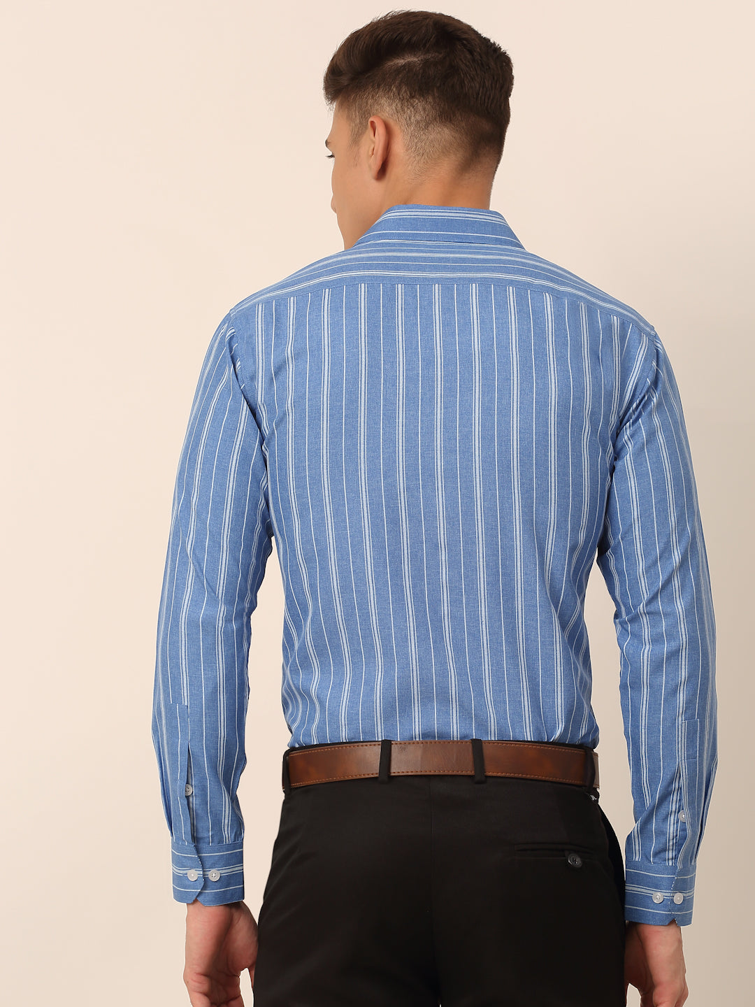 Jainish Men's Blue & White Classic Striped Formal Shirt | Grocsy