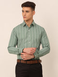 Jainish Men's Green & White Classic Striped Formal Shirt | Grocsy