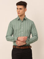 Jainish Men's Green & White Classic Striped Formal Shirt | Grocsy