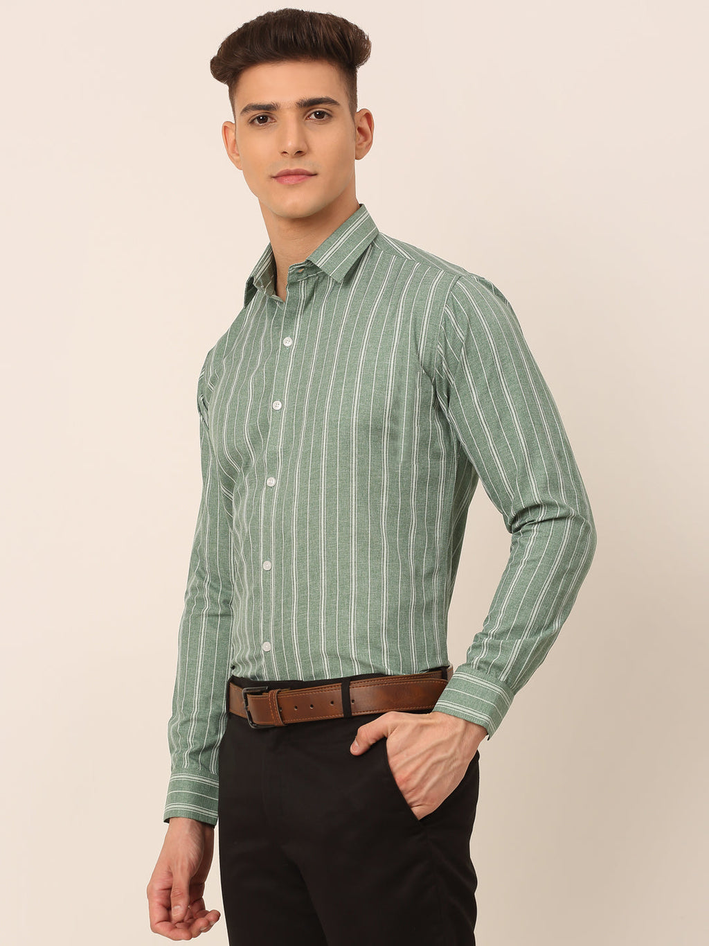 Jainish Men's Green & White Classic Striped Formal Shirt | Grocsy