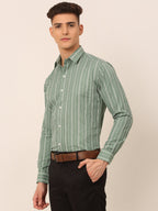 Jainish Men's Green & White Classic Striped Formal Shirt | Grocsy