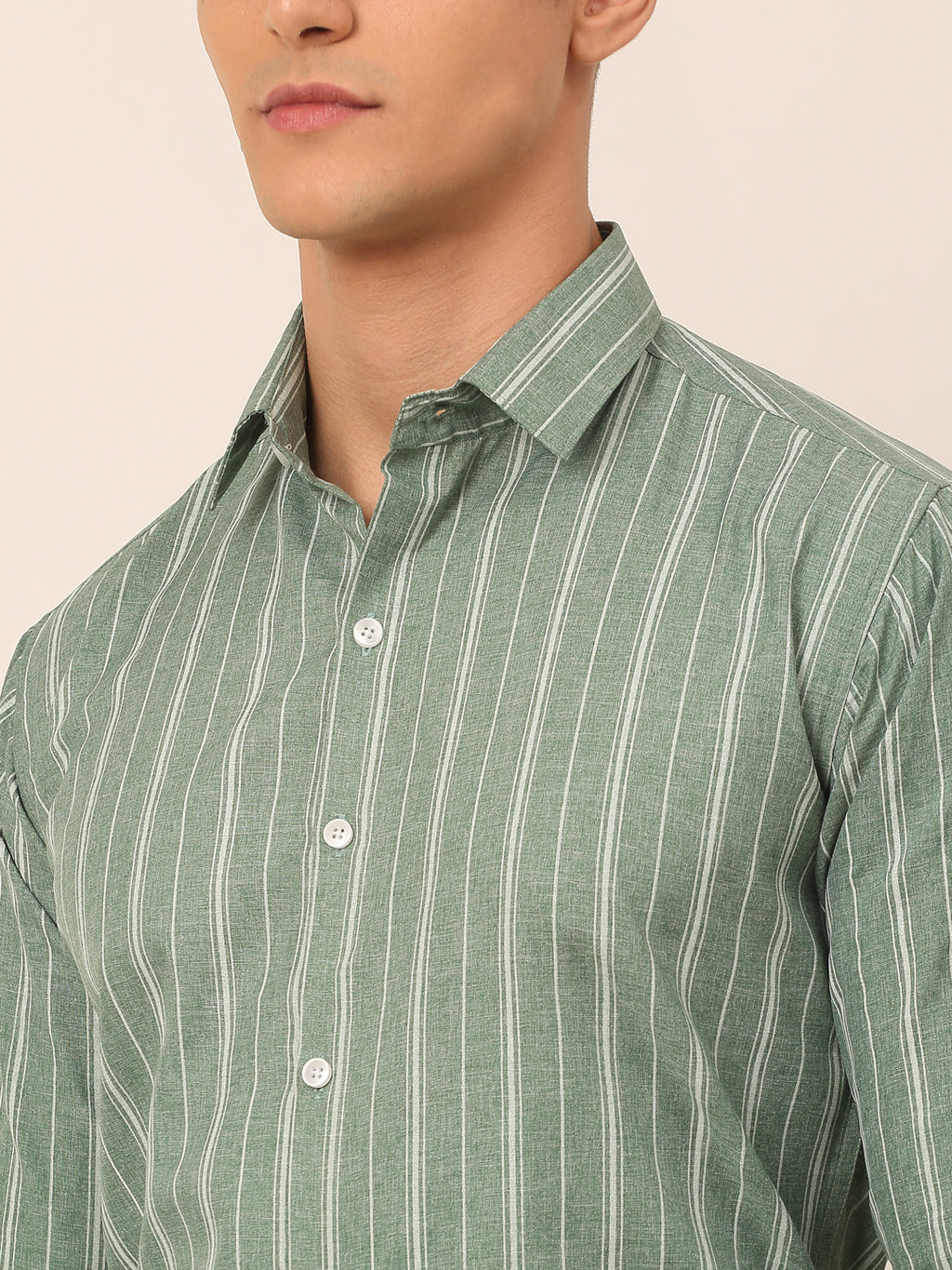 Jainish Men's Green & White Classic Striped Formal Shirt | Grocsy