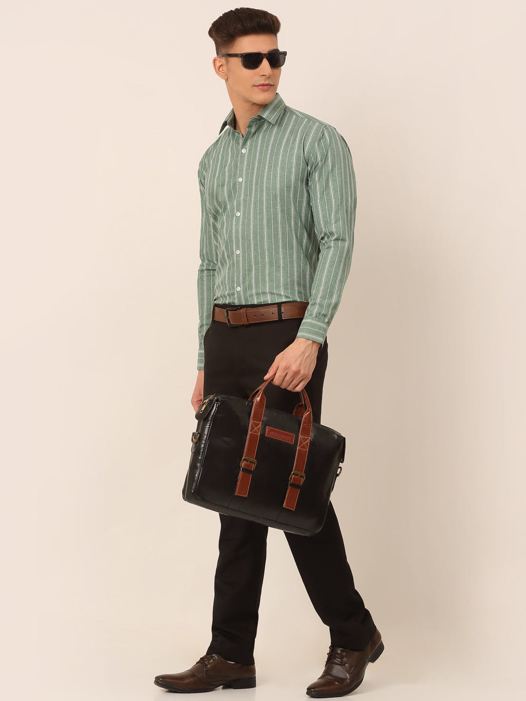 Jainish Men's Green & White Classic Striped Formal Shirt | Grocsy