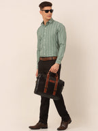 Jainish Men's Green & White Classic Striped Formal Shirt | Grocsy