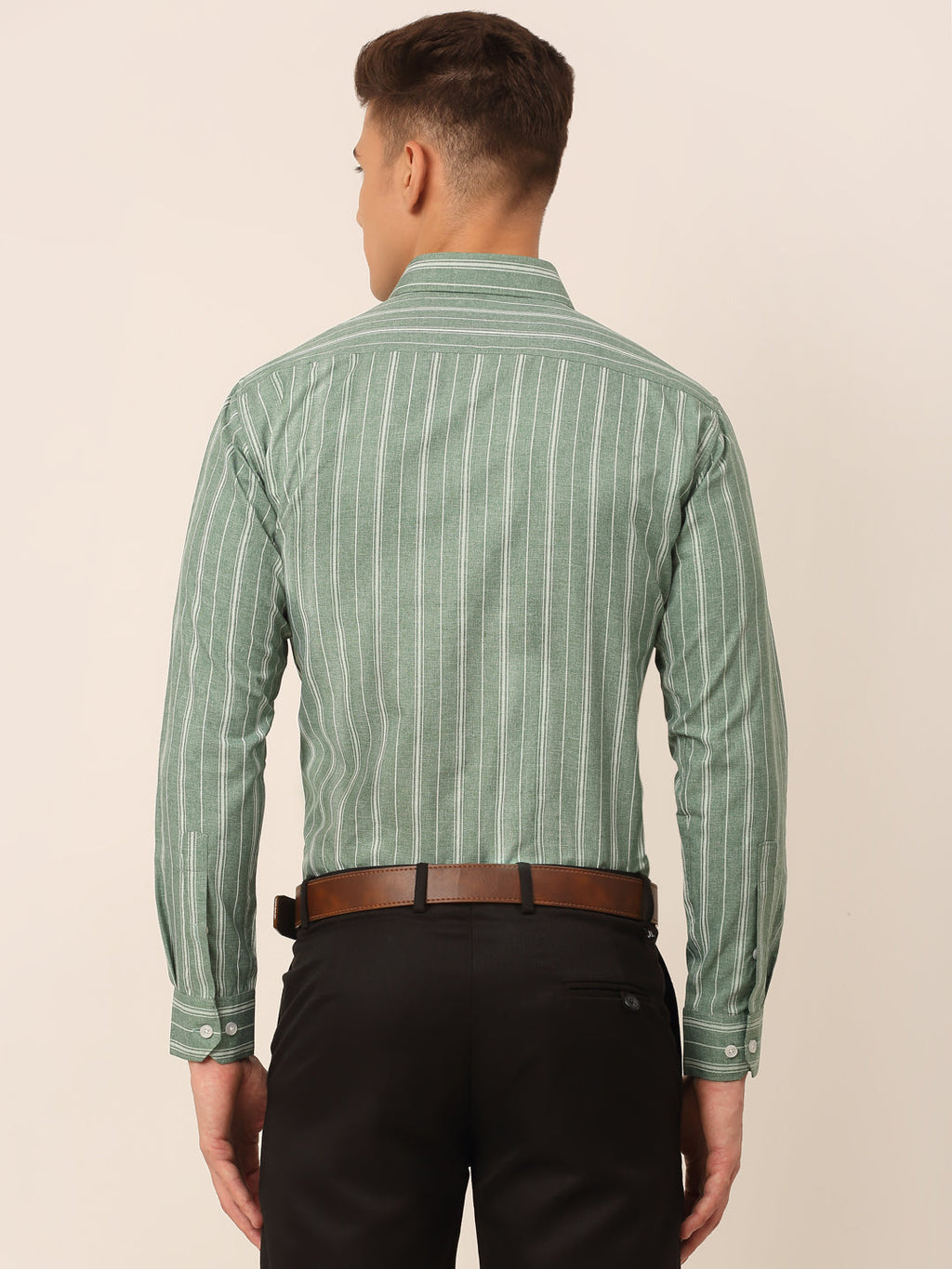 Jainish Men's Green & White Classic Striped Formal Shirt | Grocsy