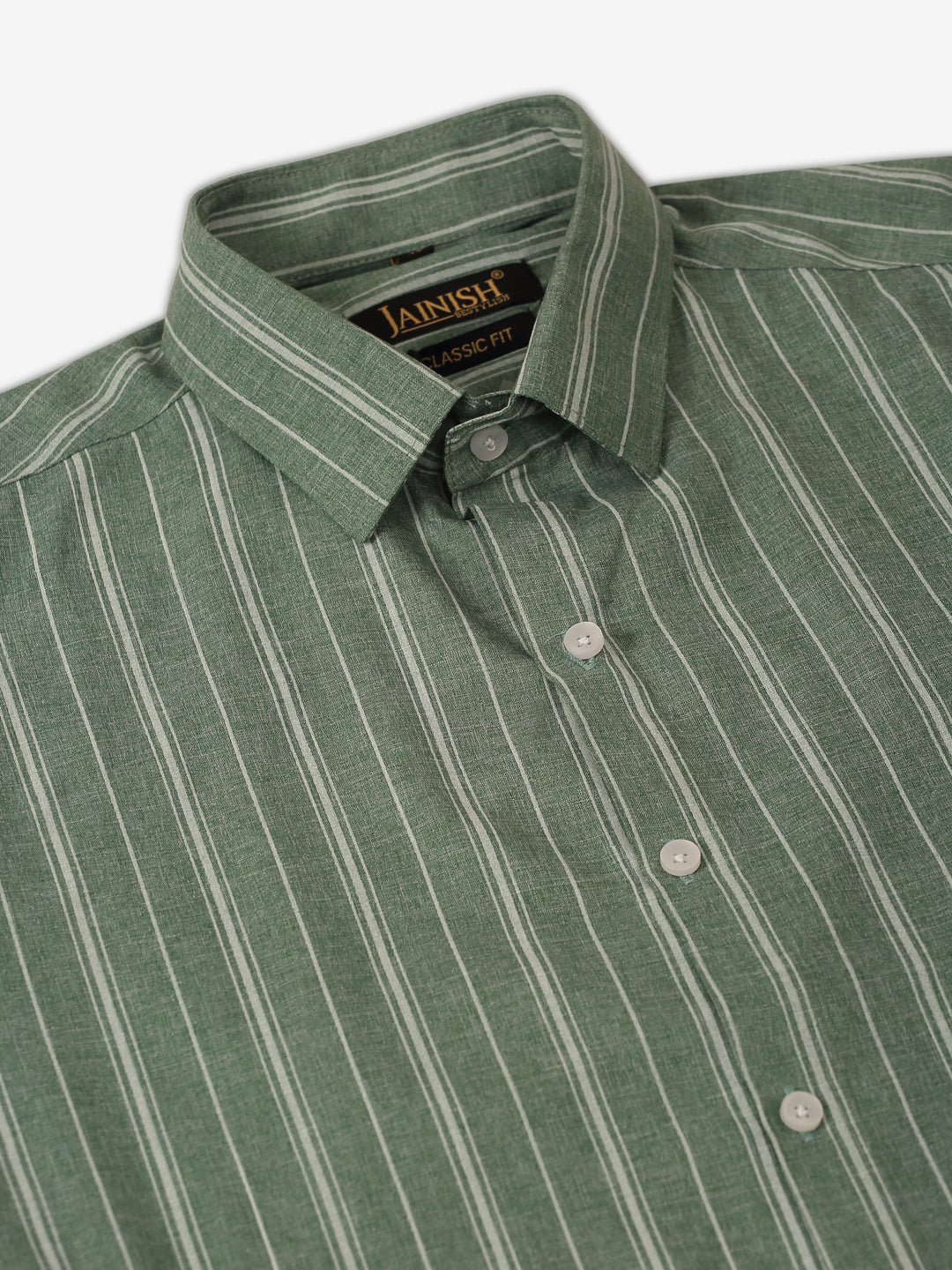 Jainish Men's Green & White Classic Striped Formal Shirt | Grocsy