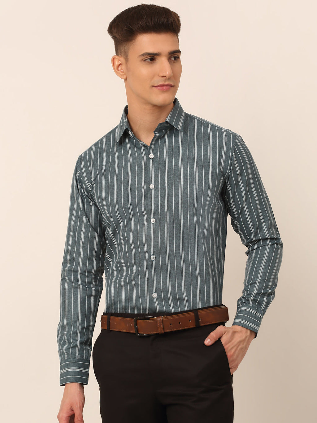 Jainish Men's Grey & White Classic Striped Formal Shirt | Grocsy