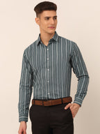 Jainish Men's Grey & White Classic Striped Formal Shirt | Grocsy