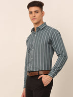 Jainish Men's Grey & White Classic Striped Formal Shirt | Grocsy
