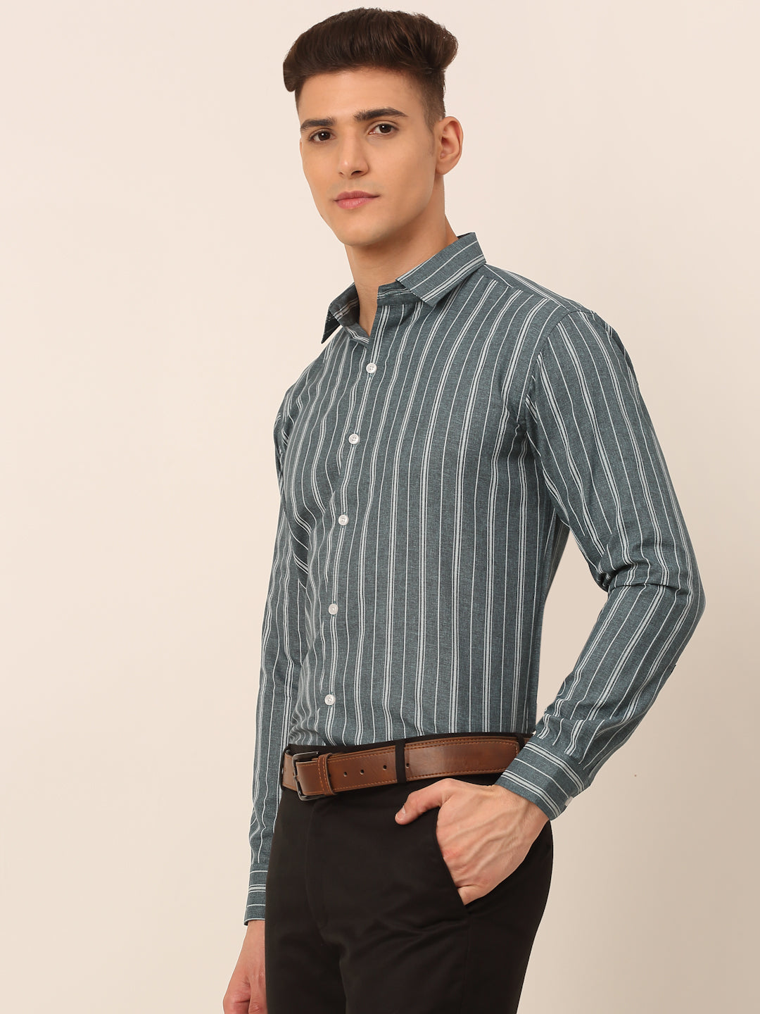 Jainish Men's Grey & White Classic Striped Formal Shirt | Grocsy