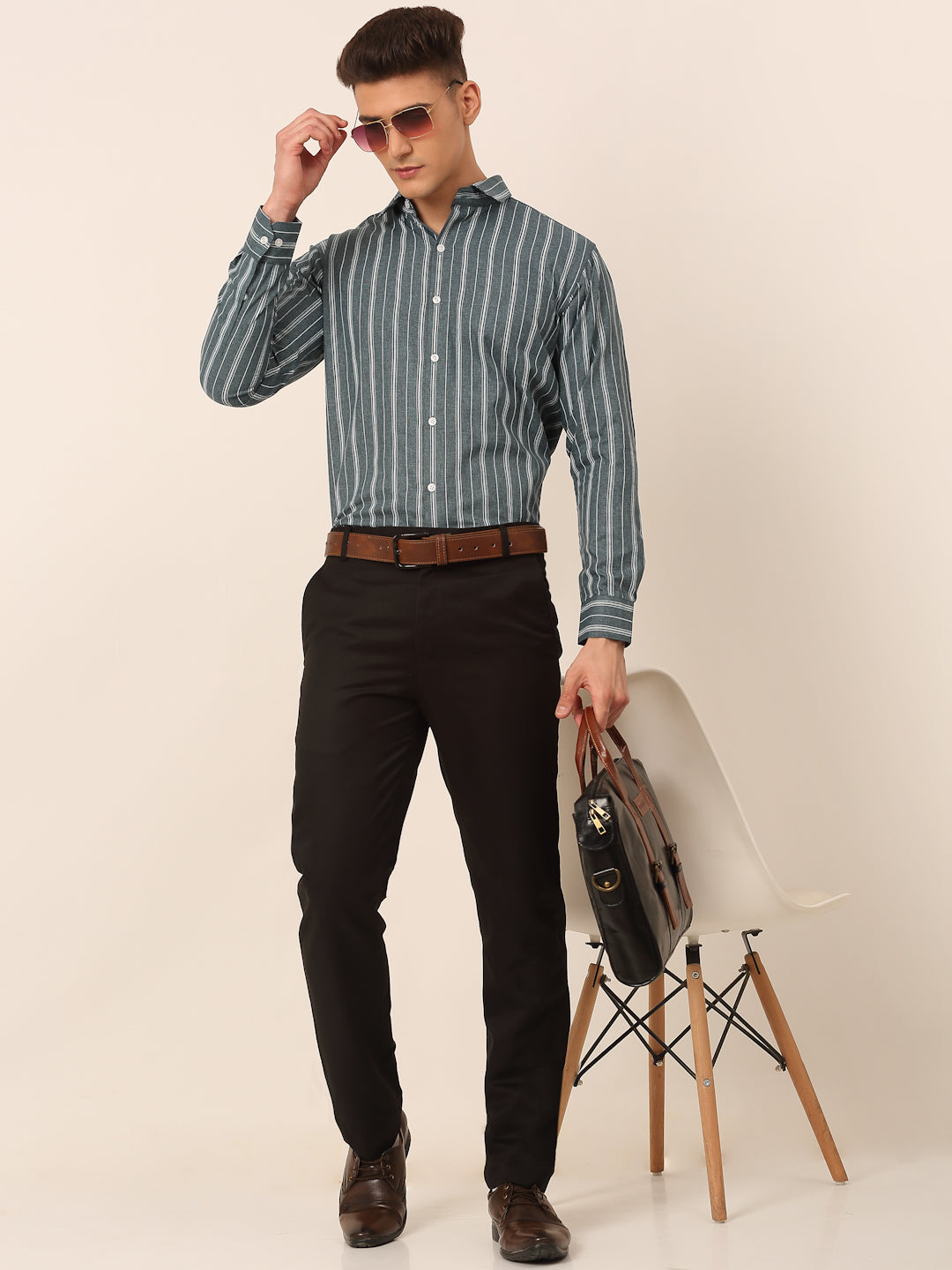 Jainish Men's Grey & White Classic Striped Formal Shirt | Grocsy
