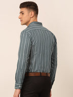 Jainish Men's Grey & White Classic Striped Formal Shirt | Grocsy