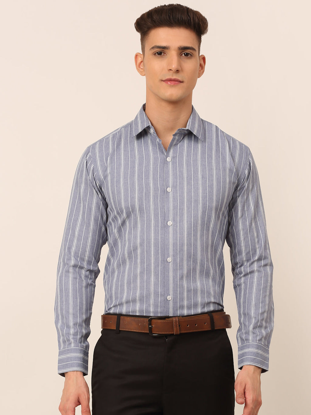 Jainish Men's Light Grey & White Classic Striped Formal Shirt | Grocsy