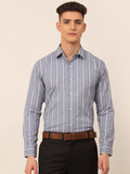 Jainish Men's Light Grey & White Classic Striped Formal Shirt | Grocsy