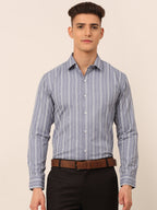 Jainish Men's Light Grey & White Classic Striped Formal Shirt | Grocsy